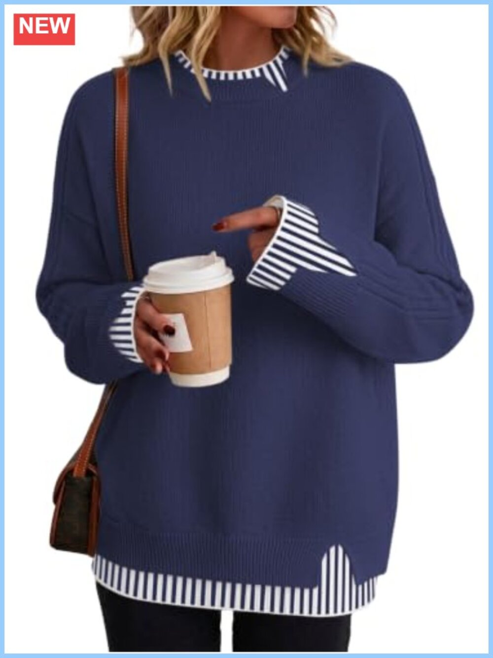 Womens Ribbed Knit Crew Neck Pullover Sweater Oversized 2-in-1 Layered